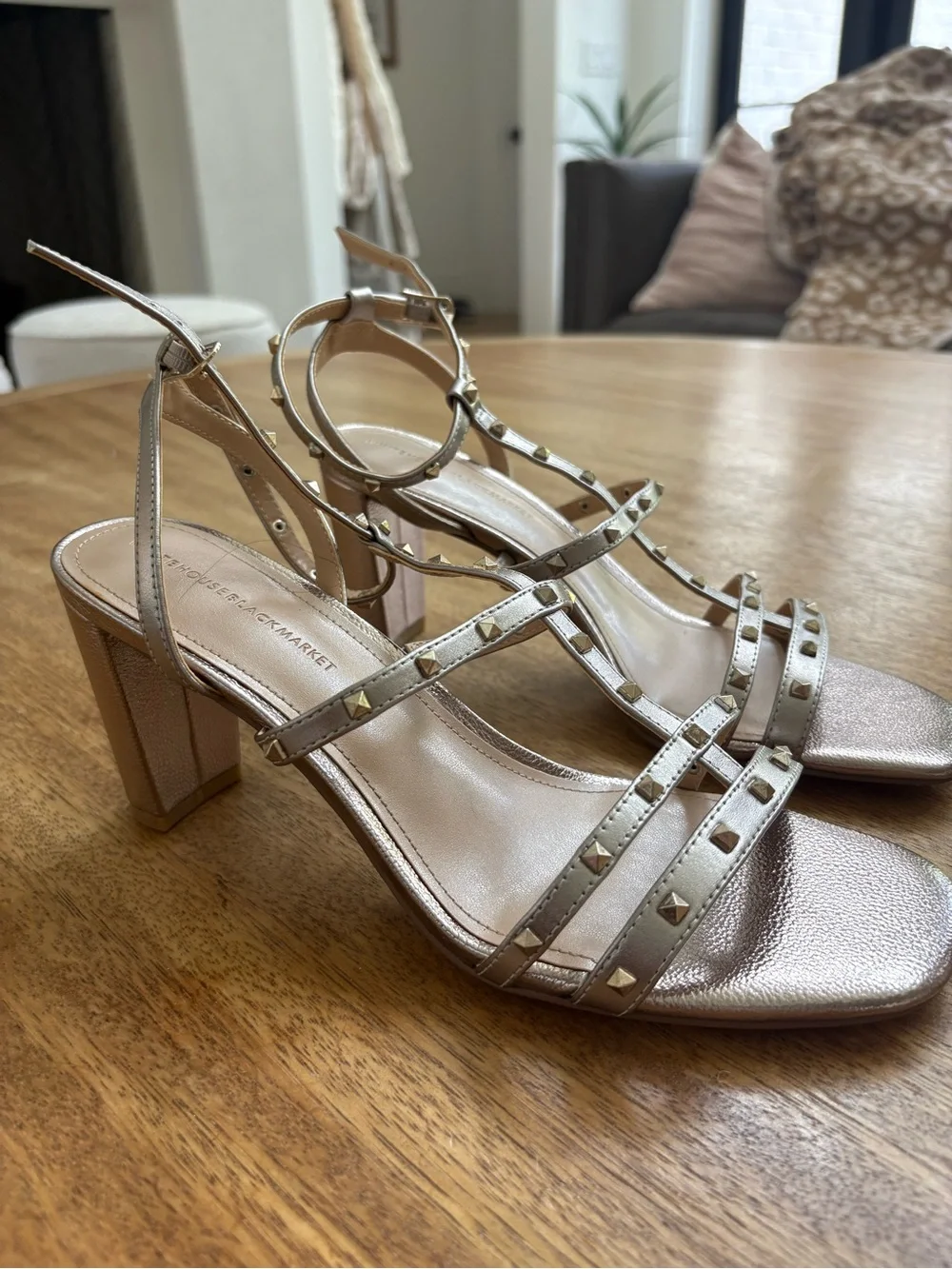 White House Black Market Metallic Studded Block Heel Sandals - Gold